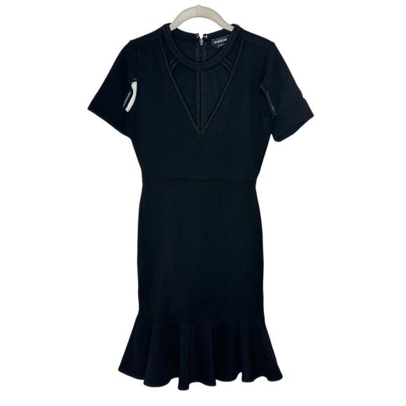 Bebe Black Short Sleeve Cut Out Stretch V Neck Ruffle Dress Size Small - Picture 1 of 7